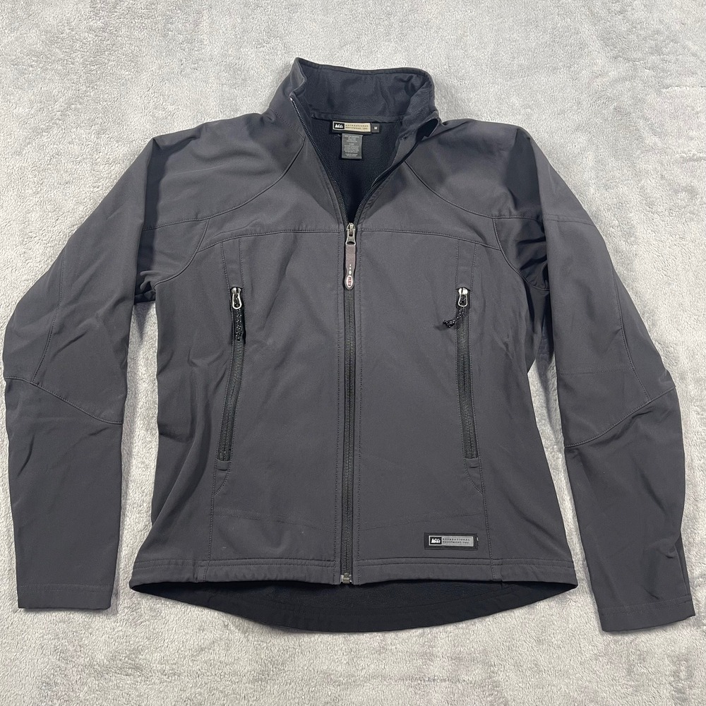 REI Softshell Jacket Women M Gray Fleece Lined Full Zip Mock Neck Activewear